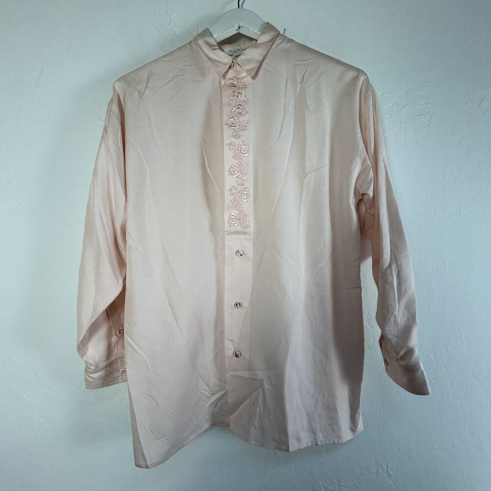 Kira Nevins 100% Silk Embroidered Button-Down Shirt Small Light Pink Long Sleeve